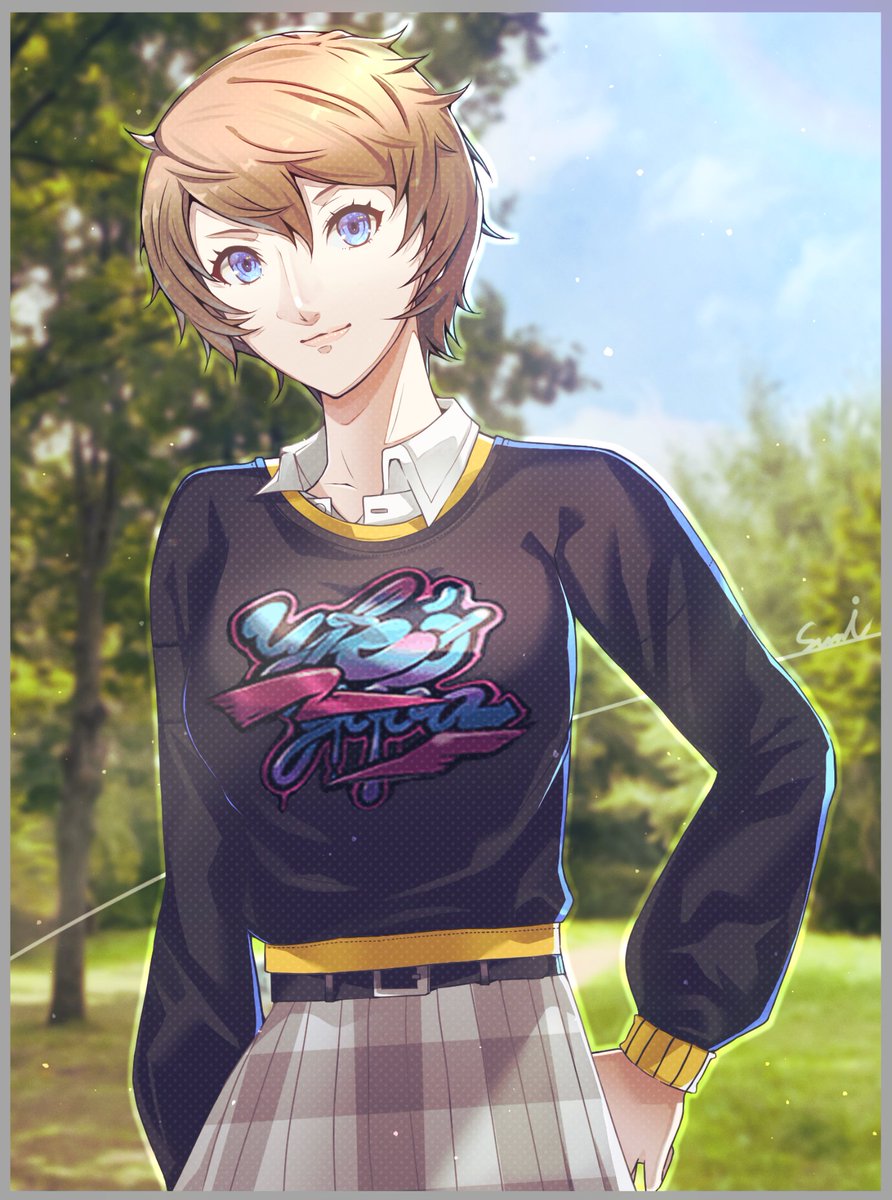 1girl arai_motoha belt black_belt black_shirt blue_eyes blue_sky corner50777313 grass grey_skirt hand_on_own_hip highres long_sleeves looking_at_viewer mixed-language_commentary outdoors persona persona_5 persona_5:_the_phantom_x plaid_clothes plaid_skirt shirt short_hair skirt sky smile solo tomboy tree
