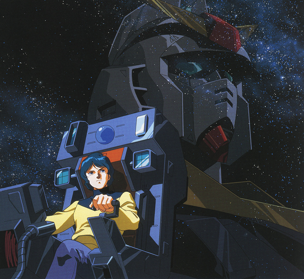1990s_(style) 1boy cockpit gundam gundam_mk_ii kamille_bidan kitazume_hiroyuki machinery mecha milky_way mixed-language_commentary mobile_suit nebula pilot_chair retro_artstyle robot scan science_fiction space spoilers star_(sky) star_(symbol) starry_sky_background traditional_media upper_body v-fin zeta_gundam