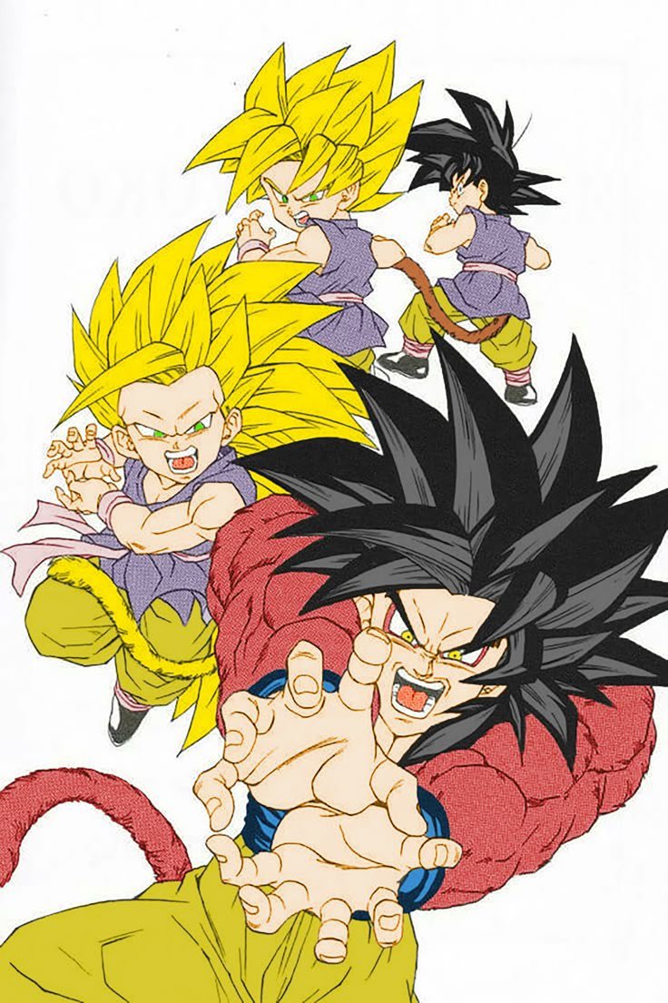 4boys black_hair blonde_hair child dragon_ball dragon_ball_gt frown furrowed_brow green_eyes kamehameha_(dragon_ball) long_hair male_focus multiple_boys multiple_persona no_eyebrows official_art red_fur scan serious son_goku super_saiyan super_saiyan_1 super_saiyan_2 super_saiyan_3 super_saiyan_4 v-shaped_eyebrows white_background yellow_eyes