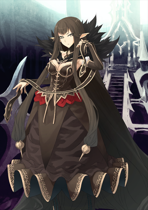 1girl bare_shoulders black_boots boots breasts brown_collar brown_dress brown_hair brown_ribbon brown_sleeves cleavage closed_mouth collar cross-laced_clothes detached_collar detached_sleeves dress fate/grand_order fate_(series) frilled_boots frilled_sleeves frills fur_collar hand_up konoe_ototsugu large_breasts long_hair long_pointy_ears long_sidelocks looking_at_viewer looking_to_the_side official_art outstretched_arm pointy_ears ribbon semiramis_(fate) sidelocks slit_pupils solo strapless strapless_dress third-party_source variant_set very_long_hair very_long_sidelocks yellow_eyes