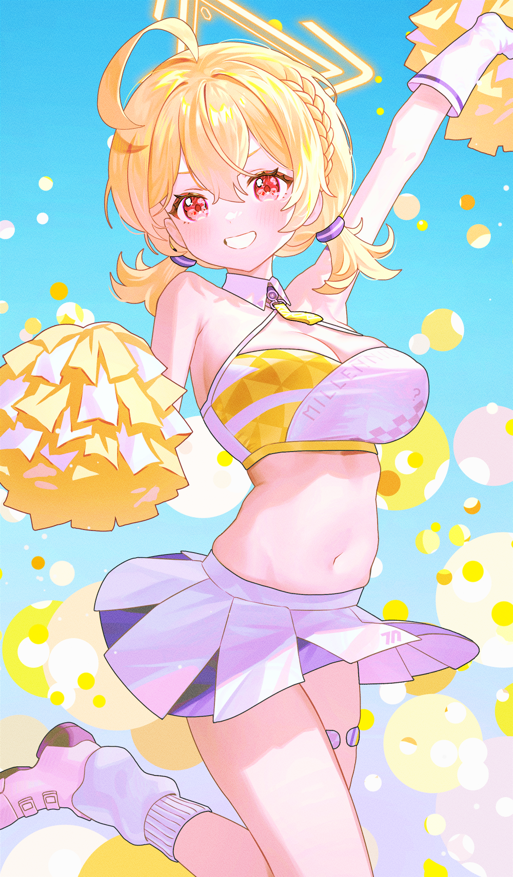 1girl ahoge aqua_background arm_up armpits bare_arms bare_shoulders blonde_hair blue_archive braid breasts cheerleader cleavage covered_erect_nipples crop_top fymrie gloves gradient_background grin halo halterneck highres holding holding_pom_poms knee_up kotori_(blue_archive) kotori_(cheer_squad)_(blue_archive) long_hair looking_at_viewer medium_breasts midriff millennium_cheerleader_outfit_(blue_archive) miniskirt navel official_alternate_costume pleated_skirt pom_pom_(cheerleading) pom_poms red_eyes shirt shoes short_twintails skindentation skirt sleeveless sleeveless_shirt smile socks solo spaghetti_strap stomach thigh_strap thighs twintails v-shaped_eyebrows white_gloves white_shirt white_skirt white_socks wing_collar