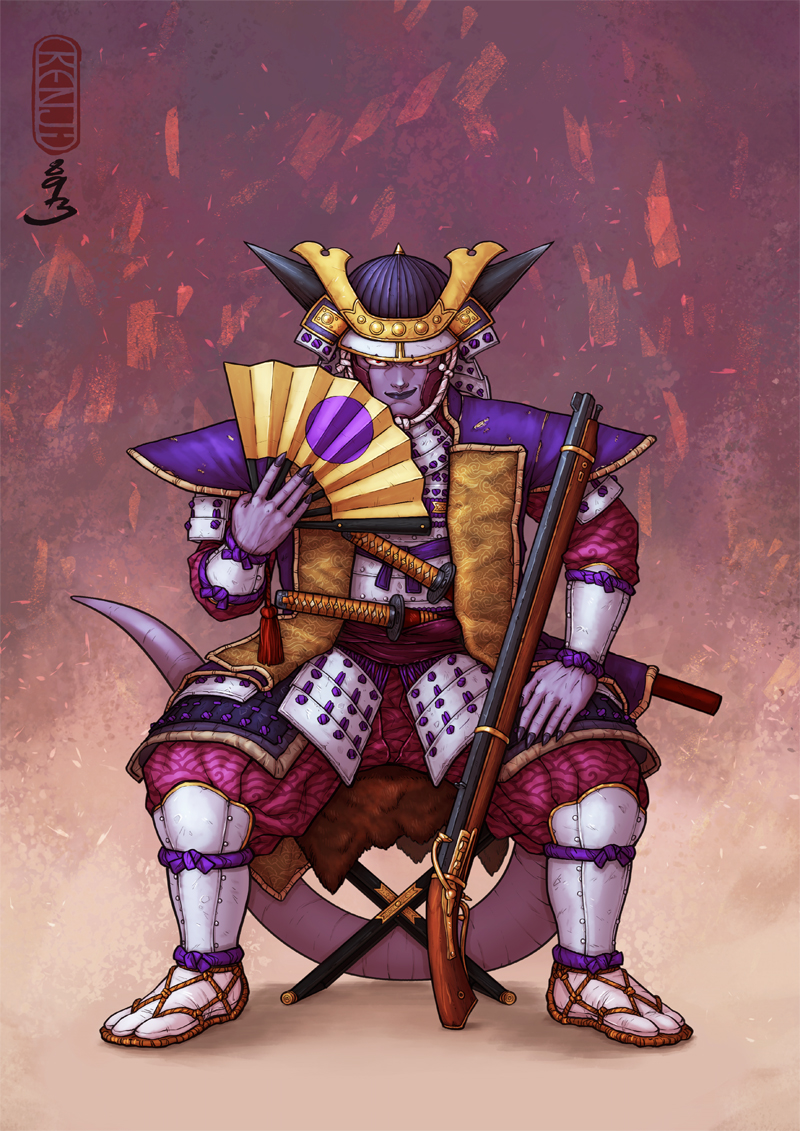 1boy 1st_form_frieza alien alternate_costume antique_firearm armor artist_name black_lips black_nails colored_skin cuirass dragon_ball dragon_ball_super dragonball_z facing_viewer fingernails firearm firelock folding_stool frieza full_body guillem_dauden gun haidate hand_fan helmet holding holding_fan horns japanese_armor japanese_clothes kabuto_(helmet) kote kusazuri looking_at_viewer male_focus matchlock open_clothes pants pants_tucked_in pink_pants pink_shirt purple_skin red_eyes samurai sash sharp_fingernails sheath sheathed shirt shoulder_armor simple_background sitting sode solo suneate sword tabi tail tanegashima_(gun) waraji weapon