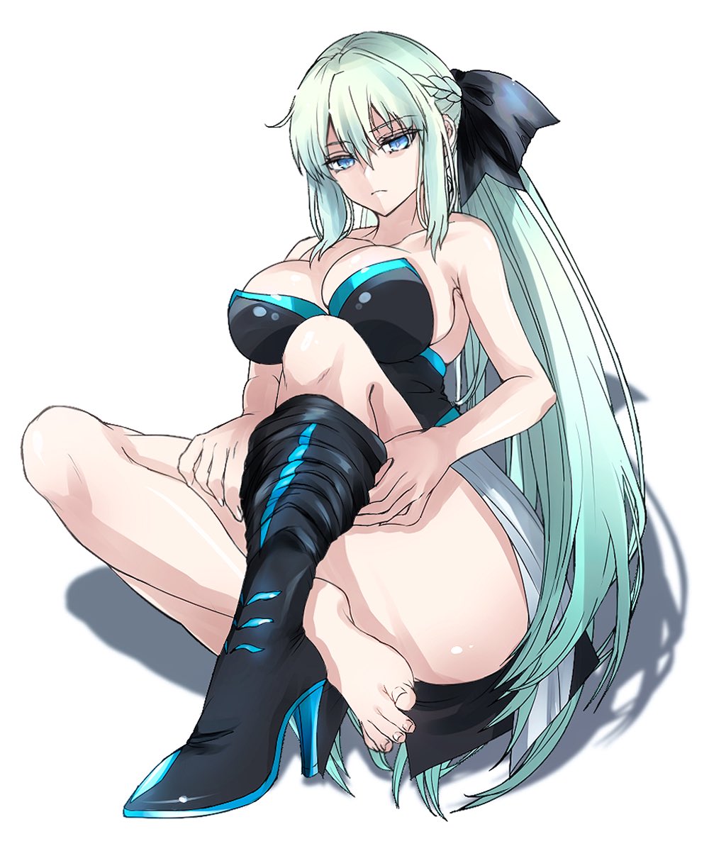 1girl black_dress blue_eyes blue_hair breasts dress fate/grand_order fate_(series) frown gradient_hair hair_ribbon high_heels highres long_hair looking_at_viewer morgan_le_fay_(fate) multicolored_hair ponytail ribbon satou_nui sidelocks single_bare_foot solo white_background white_hair