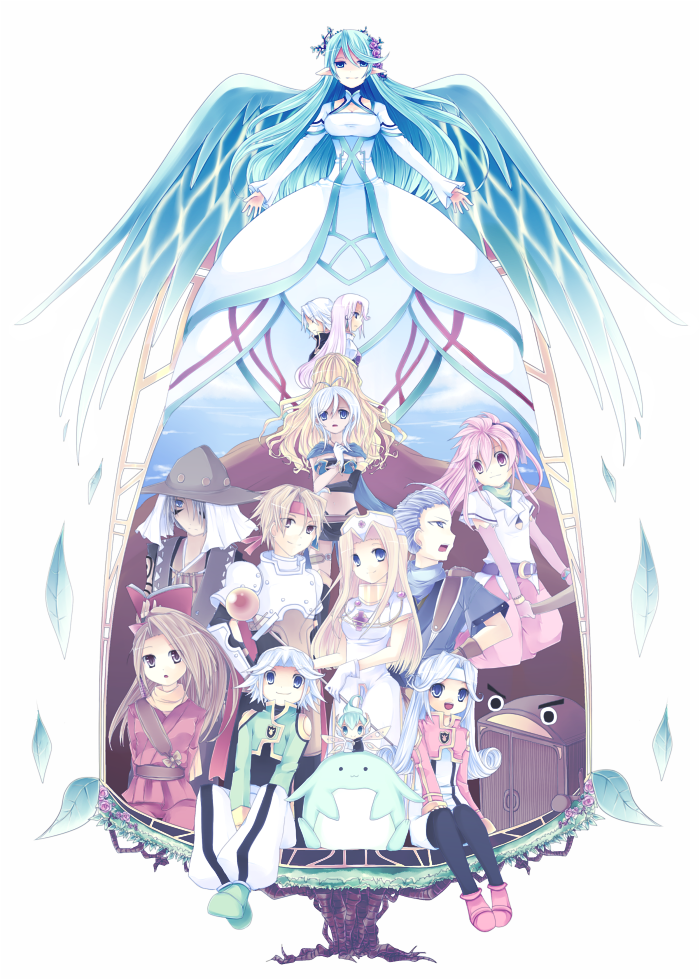 6+boys 6+girls ahoge albert_(tales) aqua_eyes aqua_hair arche_klein armor bare_shoulders belt black_eyes blonde_hair blue_eyes blue_hair bodysuit book bracelet breasts broom cape chester_burklight claus_f._lester cleavage coat creature cress_albane dhaos dio_(tales) dios_(tales) dress elbow_gloves etos_(tales) flower fujibayashi_suzu gloves grey_hair hair_over_one_eye hat headband jewelry kuruuru long_hair mel_(tales) meltia_(tales) midriff mint_adenade multiple_boys multiple_girls norn_(tales) open_mouth pants pantyhose pink_eyes pink_hair pointy_ears ponytail purple_eyes purple_hair ribbon rondorine_e._effenberg scarf shoes short_hair shorts tales_of_(series) tales_of_phantasia tales_of_phantasia:_narikiri_dungeon tales_of_phantasia:_narikiri_dungeon_x tattoo thighhighs tree vest wings