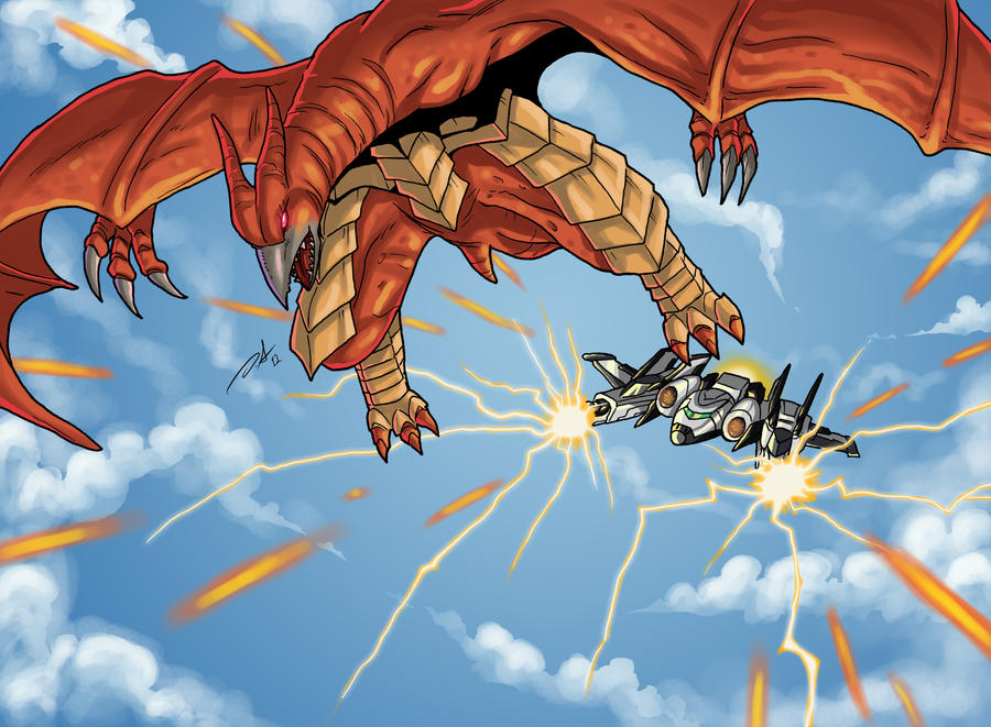 aerial_battle aircraft artist_collaboration battle beak blue_sky cannon claws cloud darkereve day directed-energy_weapon electricity energy energy_cannon energy_weapon exhaust fire flying garuda_(godzilla) glowing glowing_eyes godzilla:_final_wars godzilla_(series) godzilla_vs._mechagodzilla_ii horns maser maser_cannon military no_humans no_pupils open_mouth pink_eyes projectile_trail pteranodon pterosaur ray_fromme rodan sharp_teeth sky talons teeth toho weapon wings yellow_electricity yellow_maser