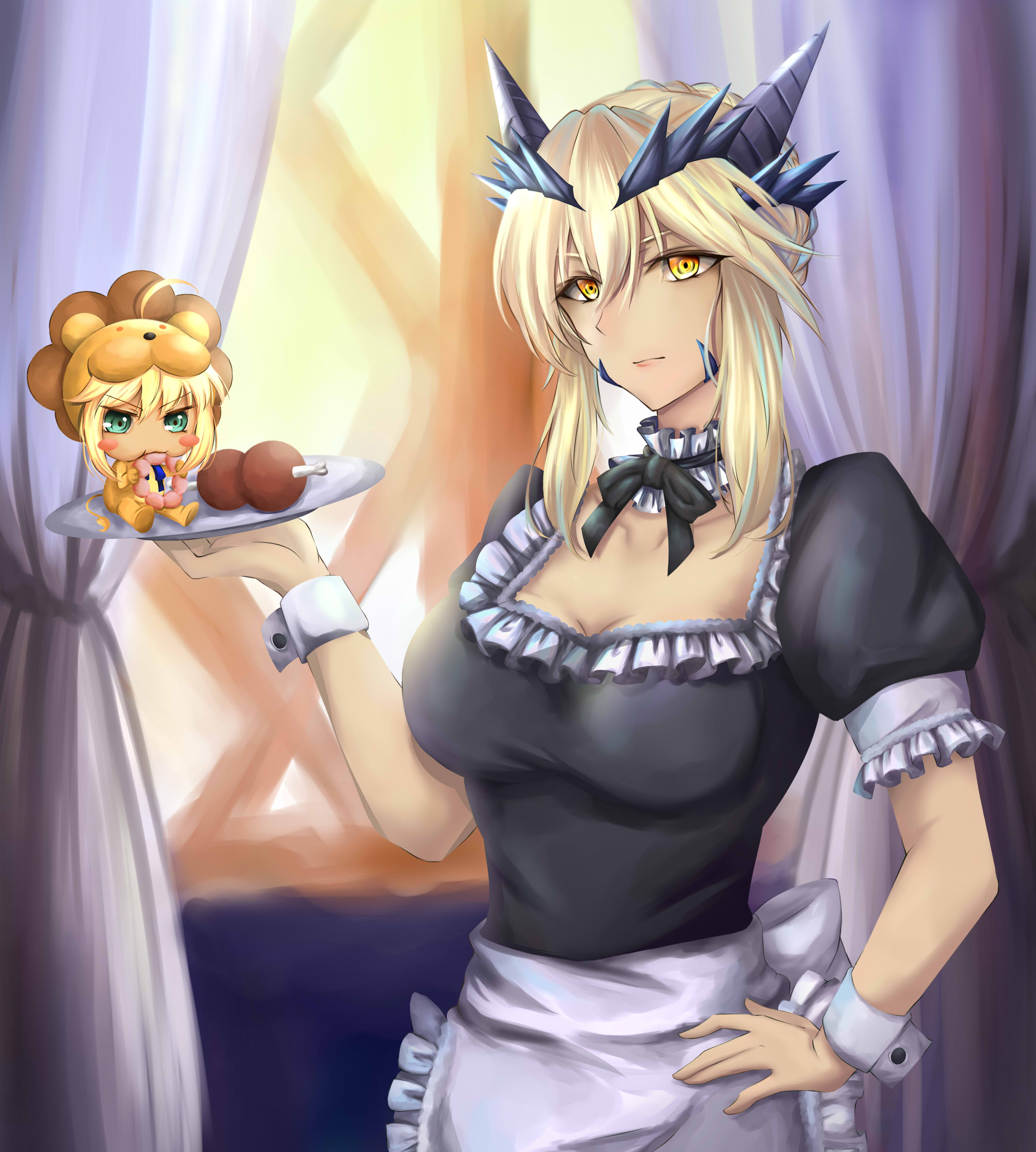 absurdres artoria_pendragon_(fate) artoria_pendragon_(lancer_alter)_(fate) bad_id bad_pixiv_id blonde_hair braid breasts cleavage collarbone commentary_request cosplay curtains dress fate/grand_order fate/stay_night fate_(series) highres horns large_breasts long_hair looking_at_viewer maid_headdress official_alternate_costume saber_alter saber_alter_(cosplay) saber_lion shiki_(chen321aa) yellow_eyes