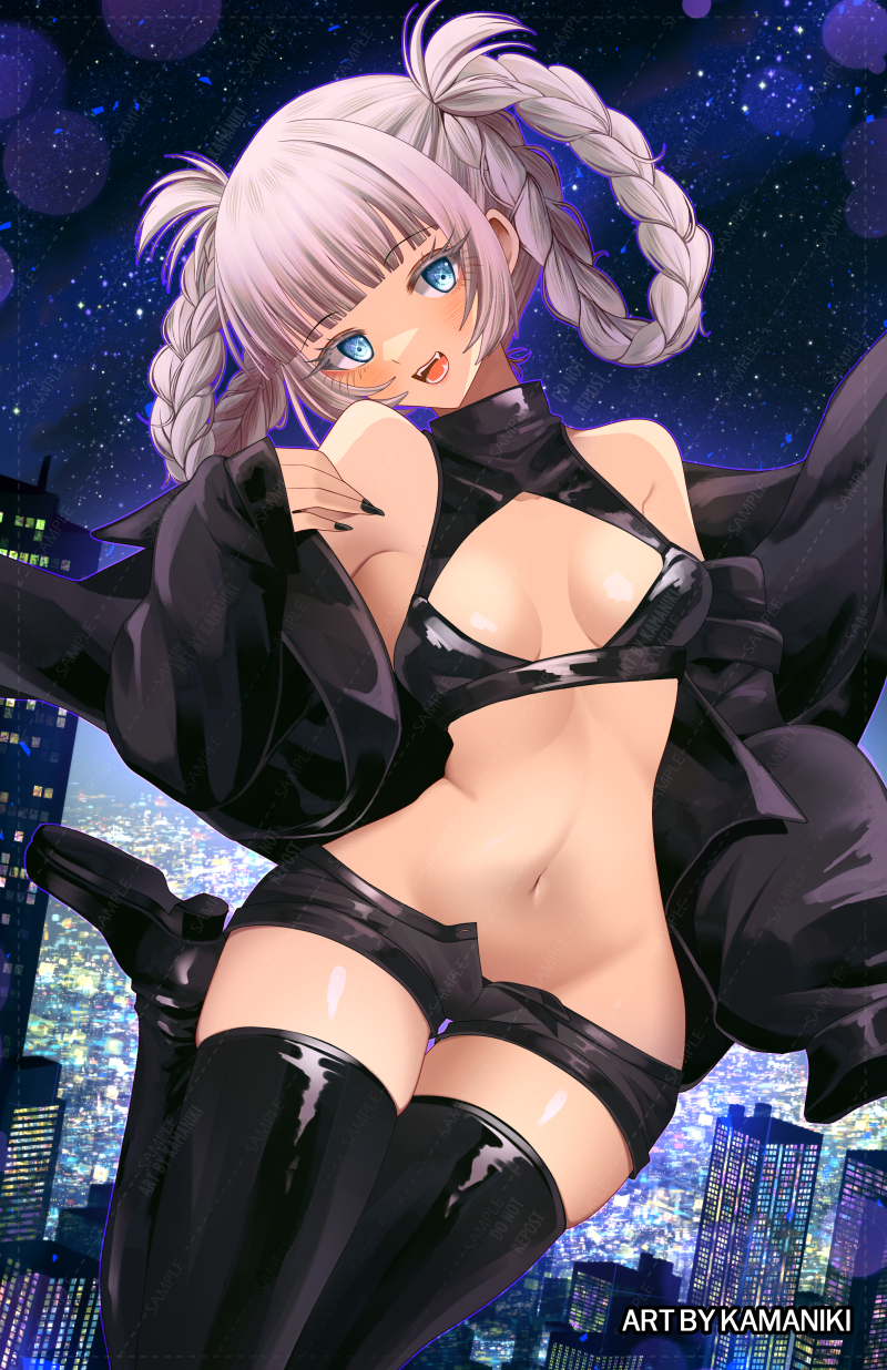 1girl artist_name bare_shoulders black_boots black_jacket black_nails black_shorts blue_eyes blunt_bangs boots braid braided_hair_rings breasts cityscape cleavage_cutout clothing_cutout commentary_request crop_top fangs hair_rings highres jacket kamaniki looking_at_viewer nanakusa_nazuna_(yofukashi_no_uta) navel night night_sky off_shoulder pink_hair short_shorts shorts sky sleeveless small_breasts smile solo stomach thigh_boots yofukashi_no_uta