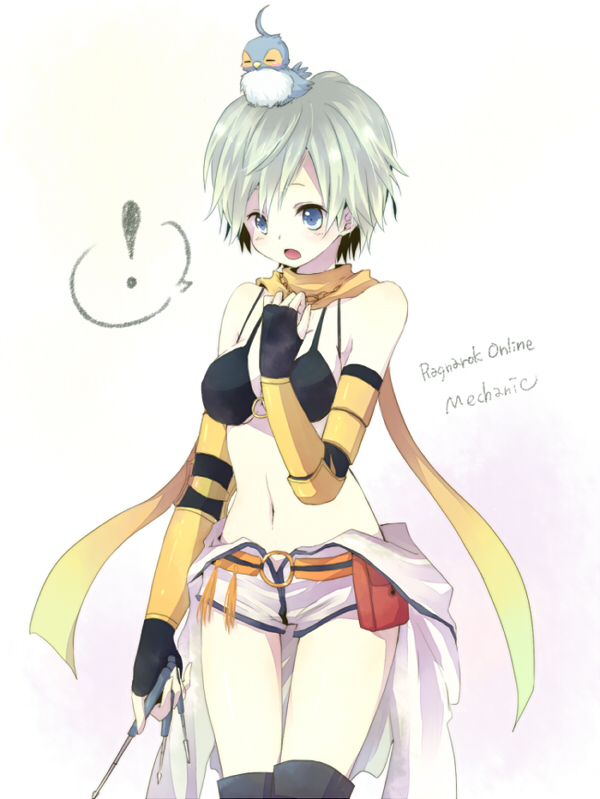 ! 1girl animal animal_on_head armor bikini bikini_top_only bird bird_on_head black_bikini black_gloves blue_bird blue_eyes blush breasts chain chain_necklace character_name commentary_request cowboy_shot elbow_gloves fingerless_gloves gloves holding holding_screwdriver jewelry jumpsuit jumpsuit_around_waist mechanic_(ragnarok_online) medium_breasts midriff navel necklace o-ring o-ring_top on_head open_mouth ragnarok_online riku_manoue screwdriver short_hair simple_background solo spoken_exclamation_mark swimsuit vambraces white_background white_jumpsuit yellow_armor