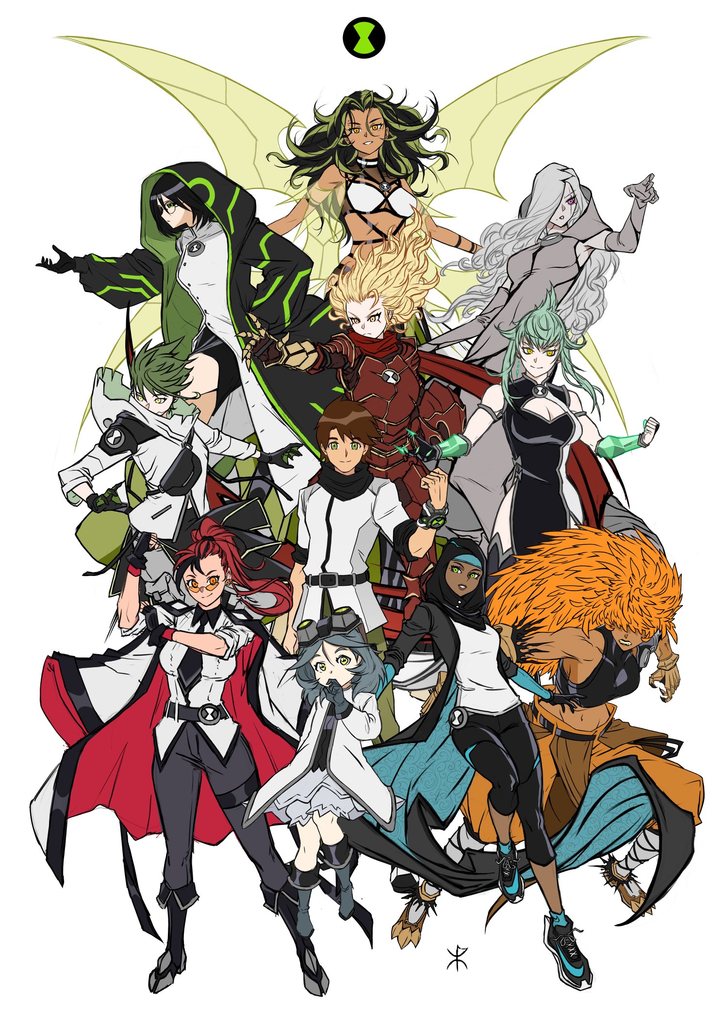 1boy 6+girls alien animification apoloniodraws ben_10 ben_tennyson black_hijab brown_hair dark-skinned_female dark_skin diamondhead earrings four_arms_(ben_10) genderswap genderswap_(mtf) ghostfreak gray_matter green_eyes heatblast highres hijab humanization jewelry messy_hair multiple_girls omnitrix ripjaw simple_background single_earring stinkfly upgrade watch white_background wildmutt xlr8