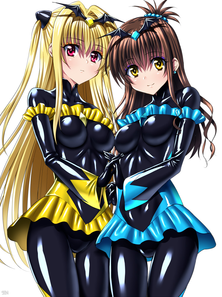 2girls bad_end_beauty bad_end_beauty_(cosplay) bad_end_peace bad_end_peace_(cosplay) bad_end_precure bat_hair_ornament black_bodysuit blonde_hair blue_skirt blush bodysuit breasts brown_hair cosplay covered_navel dress earrings eyeshadow female_focus friends frills gloves hair_between_eyes hair_ornament holding_hands interlocked_fingers jewelry konjiki_no_yami latex latex_dress latex_gloves latex_suit long_hair looking_at_viewer makeup microskirt multiple_girls precure red_eyes sen_(sansui) shiny_clothes shy signature simple_background skin_tight skirt smile smile_precure! standing to_love-ru topknot twintails two_side_up v-neck very_long_hair white_background wide_sleeves yellow_eyes yellow_skirt yuuki_mikan