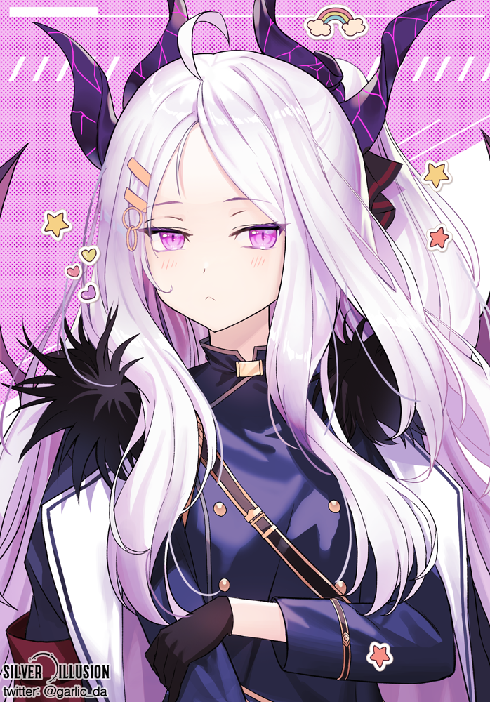 1girl :&lt; ahoge black_gloves blue_archive circle_name closed_mouth coat coat_on_shoulders fur-trimmed_coat fur_trim gloves heart hina_(blue_archive) holding_own_arm horns jacket jaeyun light_blush long_hair long_sleeves looking_at_viewer military_uniform multiple_horns parted_bangs pink_eyes purple_background purple_horns purple_jacket rainbow solo star_(symbol) twitter_username upper_body white_hair