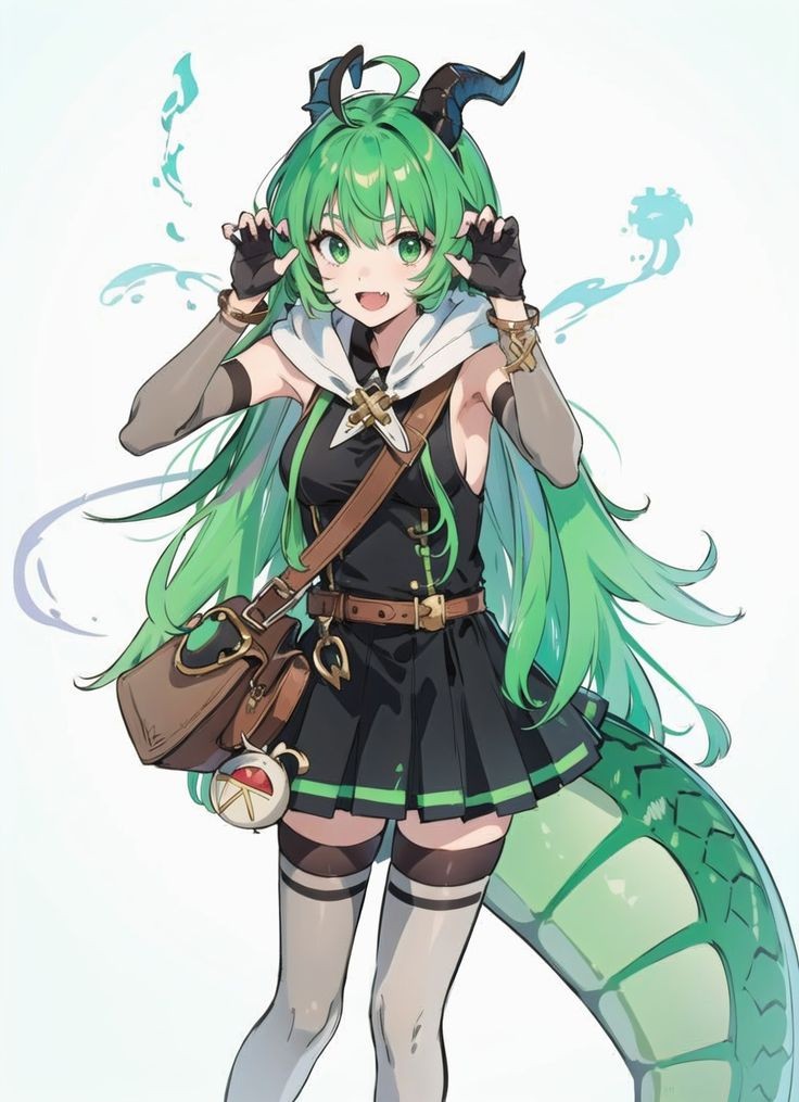 ameris bag black_dress bracelet cloak dress green_eyes green_hair guardian_tales handlebar horns jewelry long_hair miniskirt skirt tail thighhighs tooth white_background