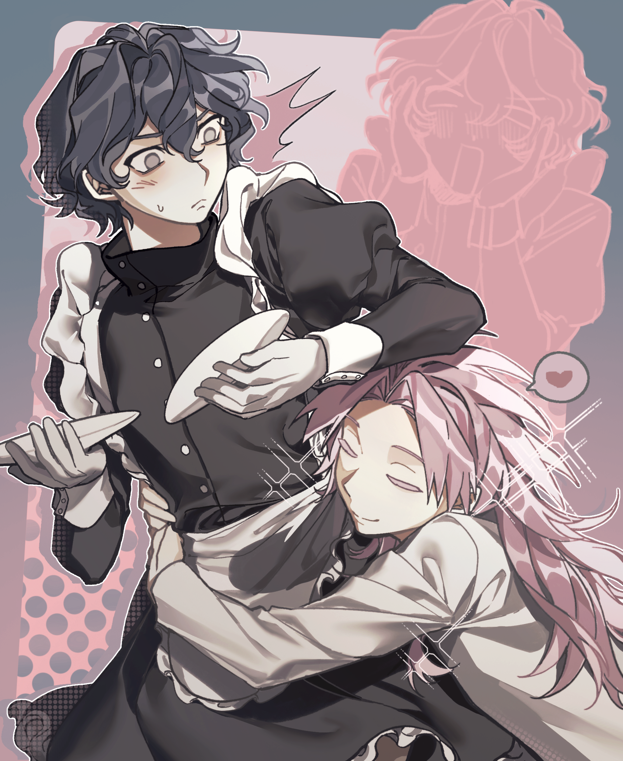 2boys absurdres alternate_costume apron black_dress black_hair blush buttons chinese_commentary chunaizhanshi23057 closed_eyes closed_mouth colored_eyelashes commentary_request crossdressing curtained_hair dress enmaided frilled_apron frilled_dress frills frown gloves grey_eyes hair_between_eyes hands_on_own_cheeks hands_on_own_face hatsutori_hajime heart highres holding holding_plate hug juliet_sleeves long_hair long_sleeves maid male_focus male_maid multiple_boys open_mouth parted_bangs pink_hair plate puffy_sleeves saibou_shinkyoku short_hair smile sparkle speech_bubble spoken_heart sweat utsugi_noriyuki waist_hug white_apron white_gloves yaoi