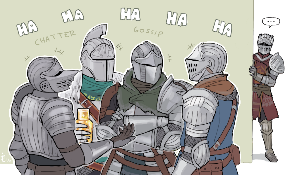 +++ ... 5others ambiguous_gender armor armored_boots ashen_one_(dark_souls) bearer_of_the_curse boots breastplate chosen_undead commentary covered_face crossed_arms dark_souls_(series) dark_souls_i dark_souls_ii dark_souls_iii demon&#039;s_souls emlan english_commentary english_text estus_flask gauntlets helmet holding laughing multiple_others pauldrons peeking_out shoulder_armor slayer_of_demons spoken_ellipsis
