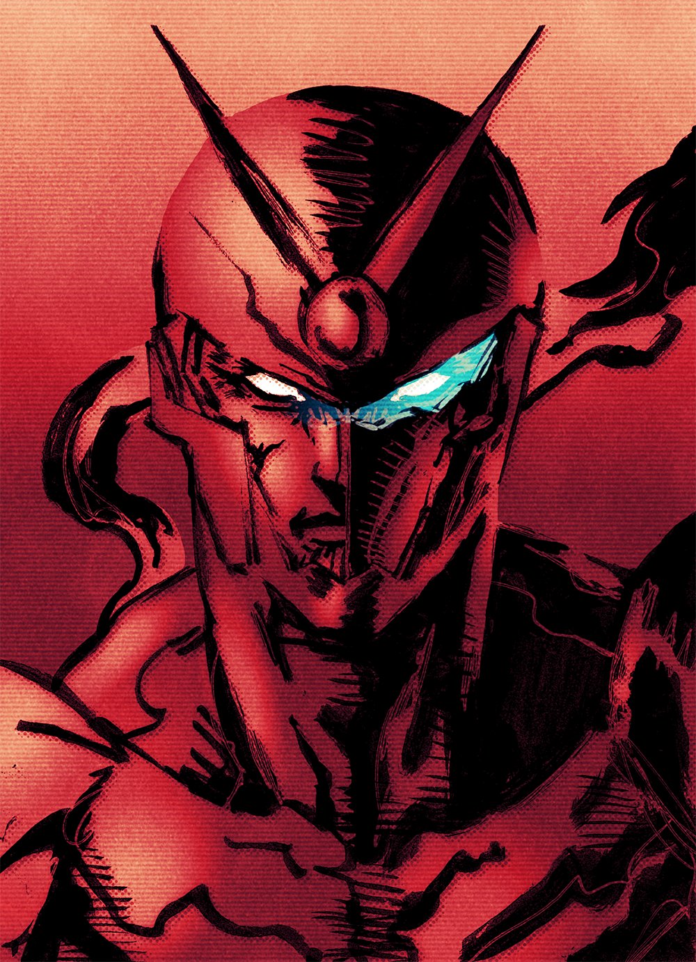 1boy commentary english_commentary fusion gradient_background gray_fox helmet highres looking_at_viewer metal_gear_(series) metal_gear_solid muscular muscular_male red_theme scarf shinkawa_youji_(style) teoft viewtiful_joe viewtiful_joe_(character) white_eyes