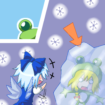 2girls animal_costume cirno crossover embodiment_of_scarlet_devil frog_costume frozen ice kirisame_marisa lowres mario_(series) multiple_girls myonde nintendo oekaki parody power-up super_mario_bros._1 super_mario_bros._3 super_marisa_world touhou