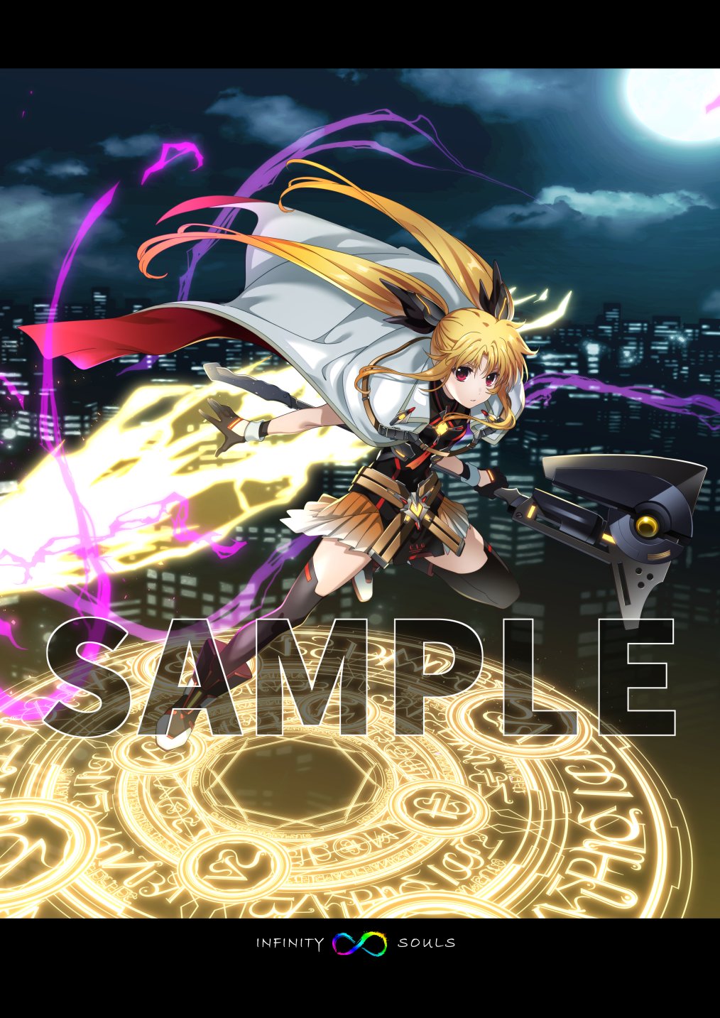 1girl bardiche_(nanoha) black_gloves blonde_hair building cloak copyright_name crossed_belts electricity fate_testarossa floating_cape full_body gloves highres holding holding_weapon infinity_souls kawakami_shuuichi lyrical_nanoha magic_circle magical_girl night official_alternate_costume official_art red_eyes sample_watermark skirt solo thighhighs two-sided_cloak two-sided_fabric watermark weapon white_cloak