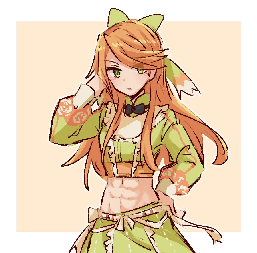 1girl abs alonemistrist black_bow black_bowtie bow bowtie commentary english_commentary etie_(fire_emblem) fire_emblem fire_emblem_engage green_bow green_eyes green_shirt hair_bow hand_on_own_hip long_hair long_sleeves looking_at_viewer midriff nintendo open_mouth orange_hair shirt solo swept_bangs