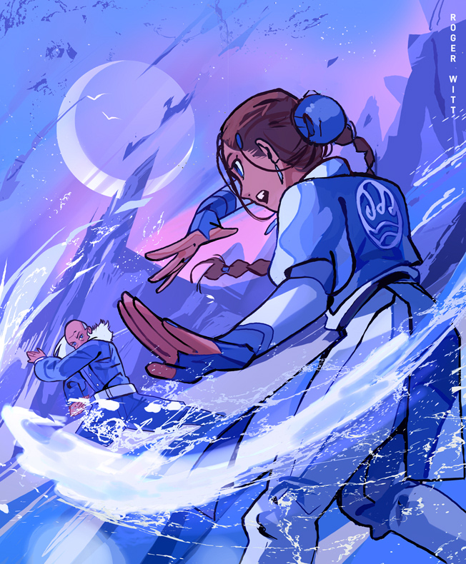 1boy 1girl artist_name avatar:_the_last_airbender avatar_legends blue_eyes blue_nails braid braided_ponytail brown_hair dark-skinned_female dark-skinned_male dark_skin duel earrings element_bending fur_trim hair_bun hydrokinesis jewelry katara long_sleeves looking_at_another mixed-sex_combat moon open_mouth pakku puffy_long_sleeves puffy_sleeves rogerwitt teeth upper_teeth_only water