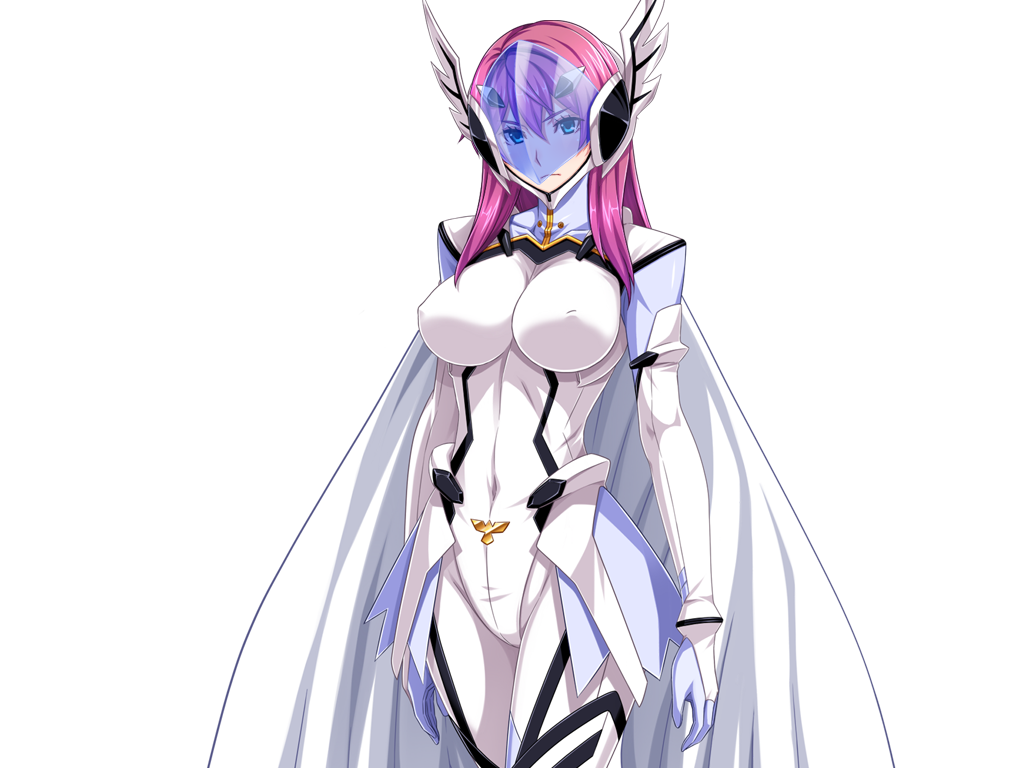 1girl blue_eyes bodysuit breasts cape covered_erect_nipples covered_navel face_shield game_cg gentle_sasaki gloves helmet large_breasts long_hair looking_at_viewer non-web_source official_art pink_hair prism_reica shindou_hatsune skin_tight solo soukou_senki_prism_reica transparent_background white_bodysuit