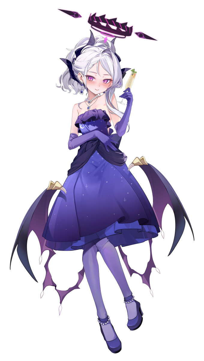 1girl bat_wings black_halo black_horns blue_archive commentary_request cup demon_horns demon_wings dress earrings elbow_gloves evening_gown floating_earring full_body gloves halo highres hina_(blue_archive) hina_(dress)_(blue_archive) holding holding_cup horns jewelry long_hair looking_at_viewer low_wings multiple_horns official_alternate_costume official_alternate_hairstyle pendant purple_dress purple_gloves purple_shoes purple_wings shirokitsune shoes slit_pupils smile solo strapless strapless_dress white_background white_hair wings