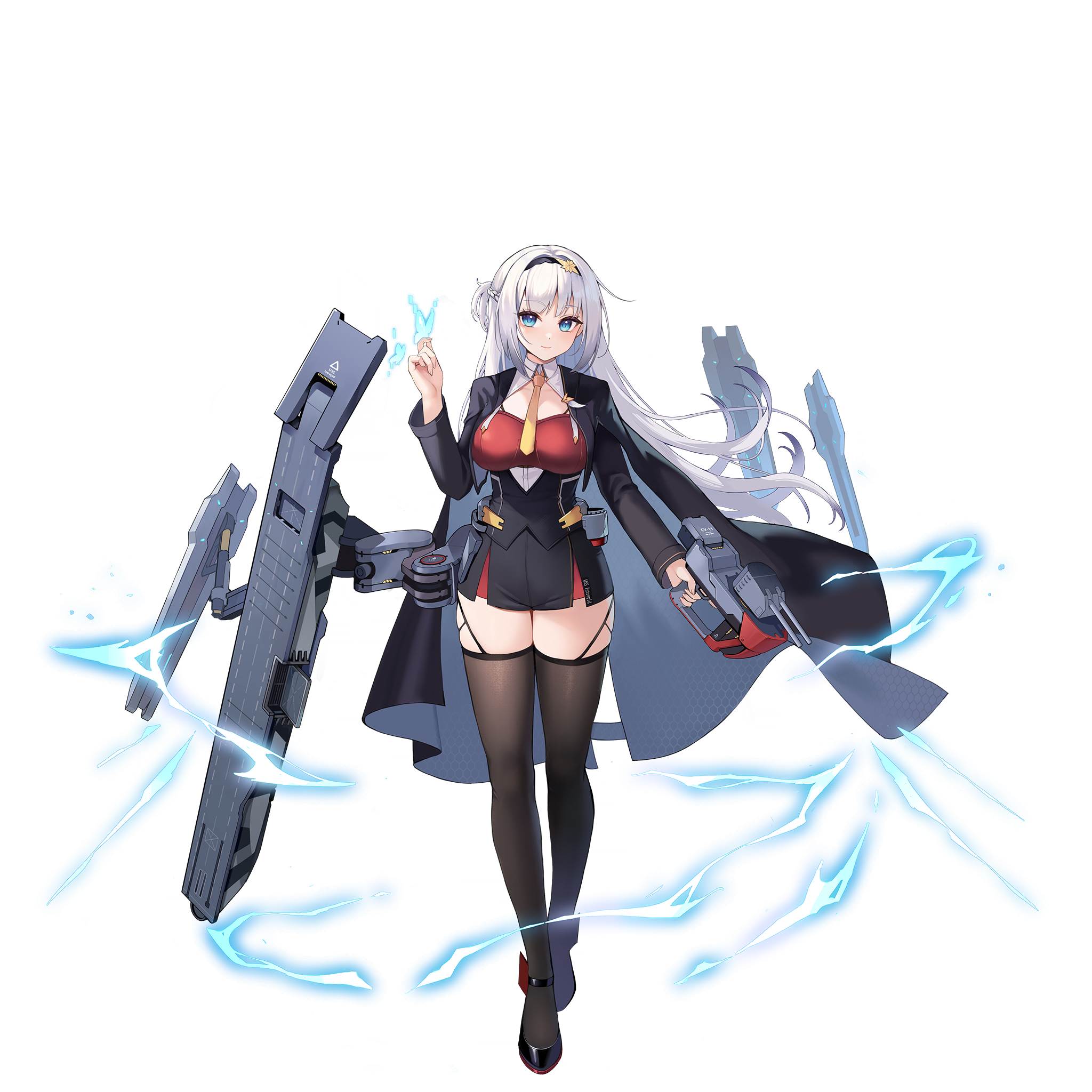 artist_request black_cape black_jacket blue_eyes cape flight_deck full_body highres intrepid_(warship_girls_r) jacket lightning machinery necktie official_art rigging solo thighhighs transparent_background warship_girls_r white_hair