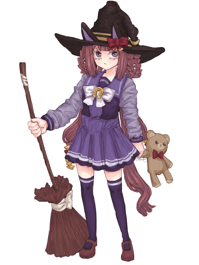1girl black_hat blush bow bowtie braid braided_hair_rings broom brown_hair brown_shoes hair_rings hat holding holding_broom holding_stuffed_toy holding_teddy_bear horse_girl horse_tail horseshoe_ornament kawakami_(kwkm_g) loafers long_hair looking_at_viewer low_twintails miniskirt pleated_skirt purple_eyes purple_sailor_collar purple_shirt purple_skirt purple_thighhighs sailor_collar sailor_shirt school_uniform shirt shoes simple_background skirt solo stuffed_animal stuffed_toy sweep_tosho_(umamusume) tail teddy_bear thighhighs tracen_school_uniform twintails umamusume white_background white_bow white_bowtie winter_uniform witch_hat