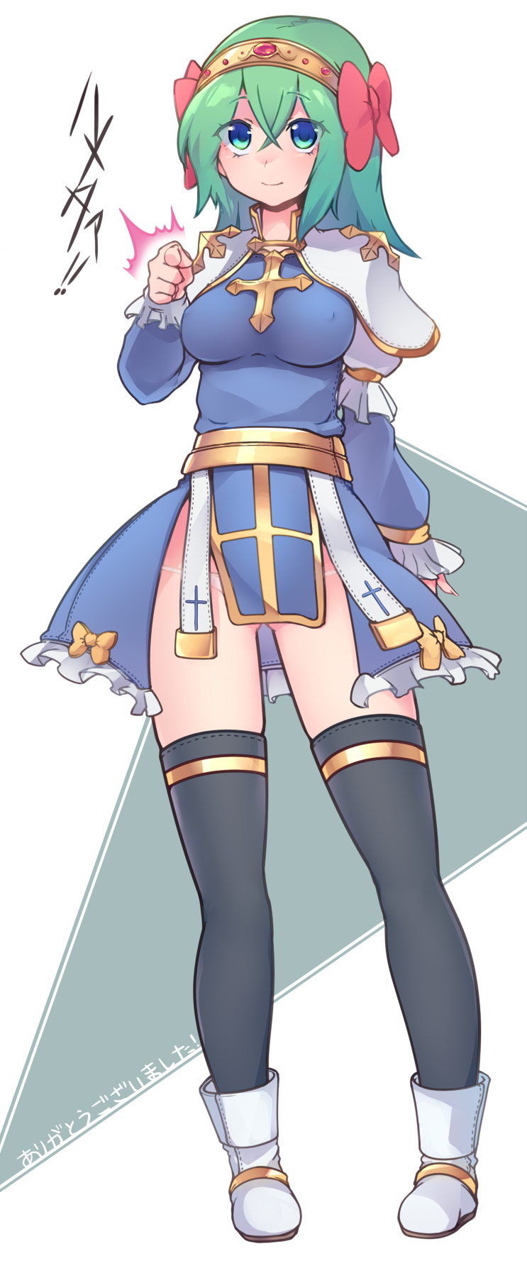 1girl arch_bishop_(ragnarok_online) black_thighhighs blue_dress blue_eyes blush boots bow breasts commentary_request cross crossed_bangs dress full_body gem gold_hairband green_hair hair_bow hairband highres juliet_sleeves long_hair long_sleeves looking_at_viewer medium_breasts panties panty_peek pelvic_curtain pink_bow pointing pointing_at_viewer puffy_sleeves ragnarok_iris ragnarok_online red_gemstone sash simple_background solo thighhighs translation_request two-tone_dress underwear white_background white_boots white_dress white_panties yellow_sash