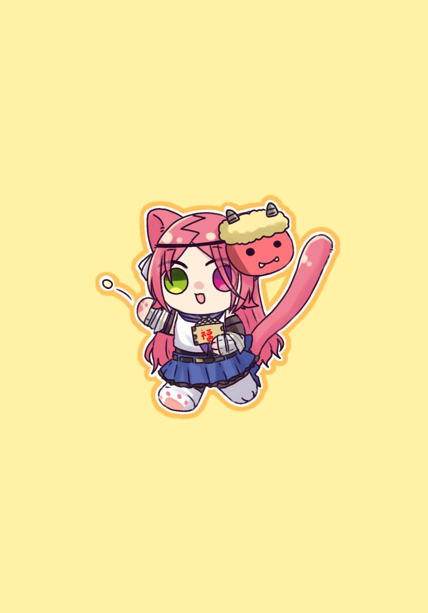 1girl :d animal_ears animal_hands assault_lily belt belt_buckle black_belt blue_sailor_collar blue_skirt boots buckle cat_ears cat_girl cat_paws cat_tail chibi commentary detached_sleeves full_body green_eyes hair_ribbon hands_up heterochromia holding kemonomimi_mode long_hair long_sleeves looking_at_viewer mamemaki mask mask_on_head masu miniskirt motion_lines neckerchief nigari_(ngari_0115) no_pupils odaiba_girls_high_school_uniform oni_mask open_mouth orange_outline outline parted_bangs paw_shoes pleated_skirt purple_neckerchief red_eyes red_hair ribbon sailor_collar school_uniform serafuku setsubun shiba_tomoshibi shirt simple_background skirt sleeveless sleeveless_shirt smile solo soybean standing tail throwing walking white_boots white_ribbon white_shirt yellow_background