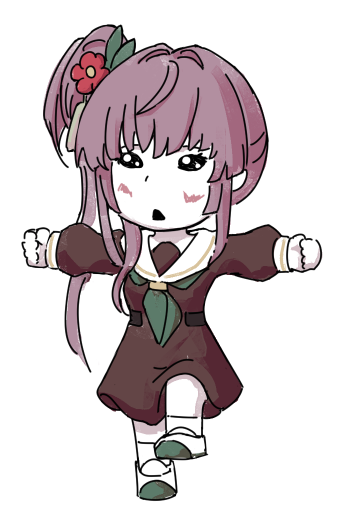1girl blush brown_dress chibi chibi_only commentary_request double_lariat_(vocaloid) dress flower green_neckerchief green_shoes hair_bun hair_flower hair_intakes hair_ornament hasu_no_sora_school_uniform leg_up link!_like!_love_live! long_hair long_sleeves love_live! medium_dress neckerchief open_mouth otomune_kozue outstretched_arms purple_hair red_flower sailor_collar sailor_dress school_uniform shoes side_ponytail sidelocks simple_background single_side_bun solo spread_arms standing standing_on_one_leg tassel tassel_hair_ornament uwabaki virtual_youtuber white_background white_sailor_collar winter_uniform yoruneko_yashiro