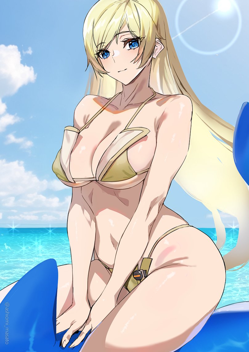 1girl ashiomi_masato bare_shoulders bikini blonde_hair blue_eyes blue_sky breasts cleavage closed_mouth cloud dolphin guilty_gear guilty_gear_strive hair_down large_breasts light_rays long_hair looking_at_viewer millia_rage navel ocean skindentation sky sly solo sparkle sun sunbeam sunlight swimsuit thighs twitter_username very_long_hair