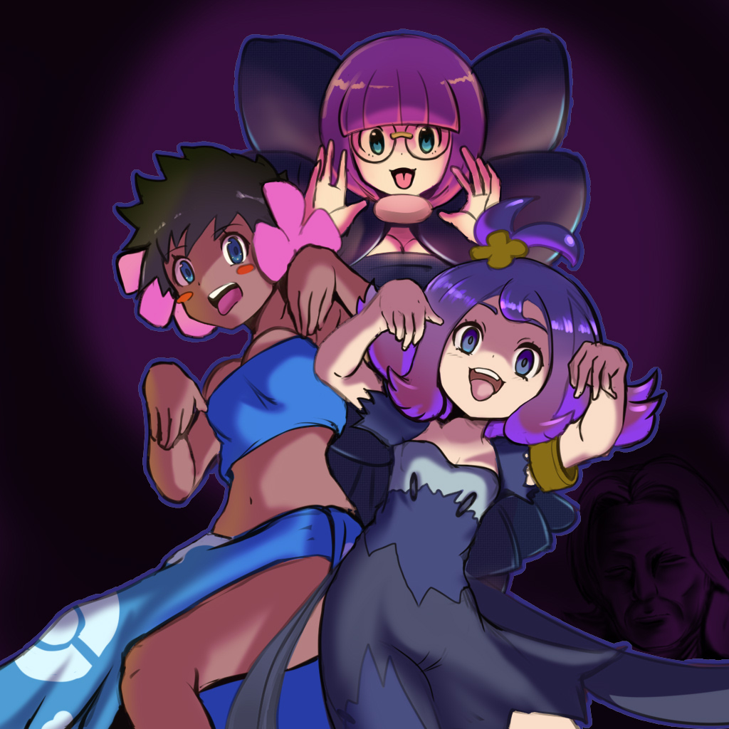4girls acerola_(pokemon) agatha_(pokemon) bandeau black_bow black_dress blue_bandeau blue_eyes blue_sarong blunt_bangs bob_cut bow breasts brown_hair cleavage dark-skinned_female dark_skin dress flower flower_on_head glasses large_bow medium_breasts medium_hair multiple_girls nintendo off-shoulder_dress off_shoulder old old_woman phoebe_(pokemon) pokemon pokemon_bw pokemon_frlg pokemon_oras pokemon_sm purple_background purple_dress purple_eyes purple_hair round_eyewear sarong shauntal_(pokemon) short_hair short_sleeves small_breasts tenteco_(covamin) very_short_hair