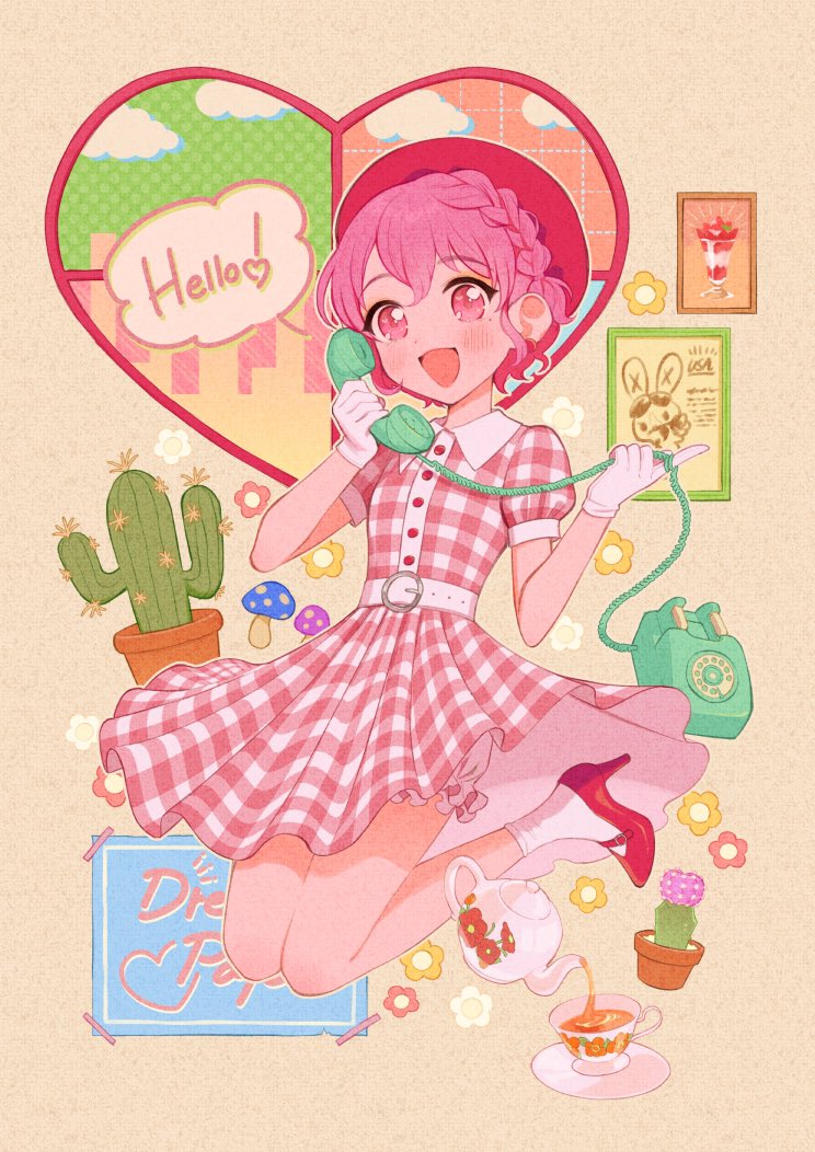 1boy :d belt bloomers blush braid cactus commentary_request cup dress english_text flower full_body gloves hat heart high_heels holding holding_phone looking_at_viewer male_focus midair mushroom open_mouth oshiri_(o4ritarou) phone picture_frame pink_eyes pink_hair pretty_series pripara rabbit red_footwear reona_west short_hair smile socks solo speech_bubble tea teacup teapot trap underwear usagi_(pripara) white_gloves white_socks