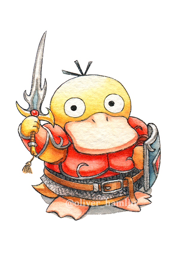 arm_up armor artist_name belt breastplate commentary cosplay english_commentary final_fantasy final_fantasy_i gen_1_pokemon holding holding_shield holding_sword holding_weapon looking_at_viewer nintendo oliver_hamlin pauldrons pokemon pokemon_(creature) psyduck shield shoulder_armor simple_background sword twitter_username warrior_(final_fantasy) warrior_(final_fantasy)_(cosplay) watermark weapon white_background