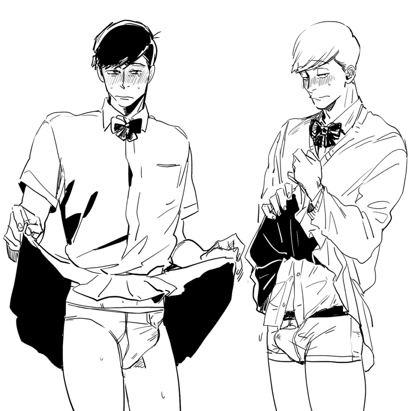 2boys atsushi_(osomatsu-san) blush boxers bulge clothes_lift crossdressing denzou_(50021106) embarrassed erection erection_under_clothes hands_on_own_chest looking_at_viewer male_focus male_underwear matsuno_karamatsu multiple_boys osomatsu-san osomatsu_(series) sanpaku shirt_lift underwear white_male_underwear