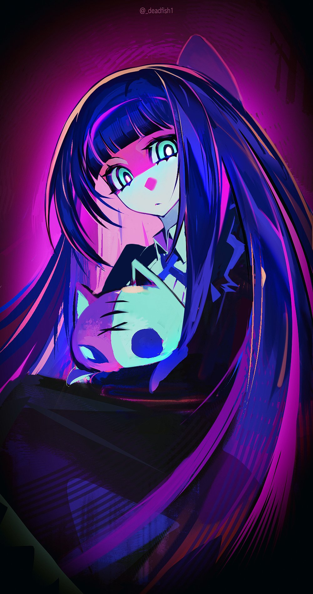 1girl aqua_eyes black_dress blue_ribbon blunt_bangs bow bright_pupils closed_mouth collared_dress colored_inner_hair commentary dress english_commentary eungo expressionless feet_out_of_frame from_below hair_bow highres holding holding_stuffed_toy honekoneko_(psg) hugging_object long_dress long_hair long_sleeves looking_at_viewer multicolored_hair neck_ribbon panty_&amp;_stocking_with_garterbelt pink_background pink_hair purple_bow ribbon saturated simple_background sitting solo stocking_(psg) straight_hair streaked_hair stuffed_animal stuffed_cat stuffed_toy twitter_username two-tone_hair very_long_hair vignetting white_pupils