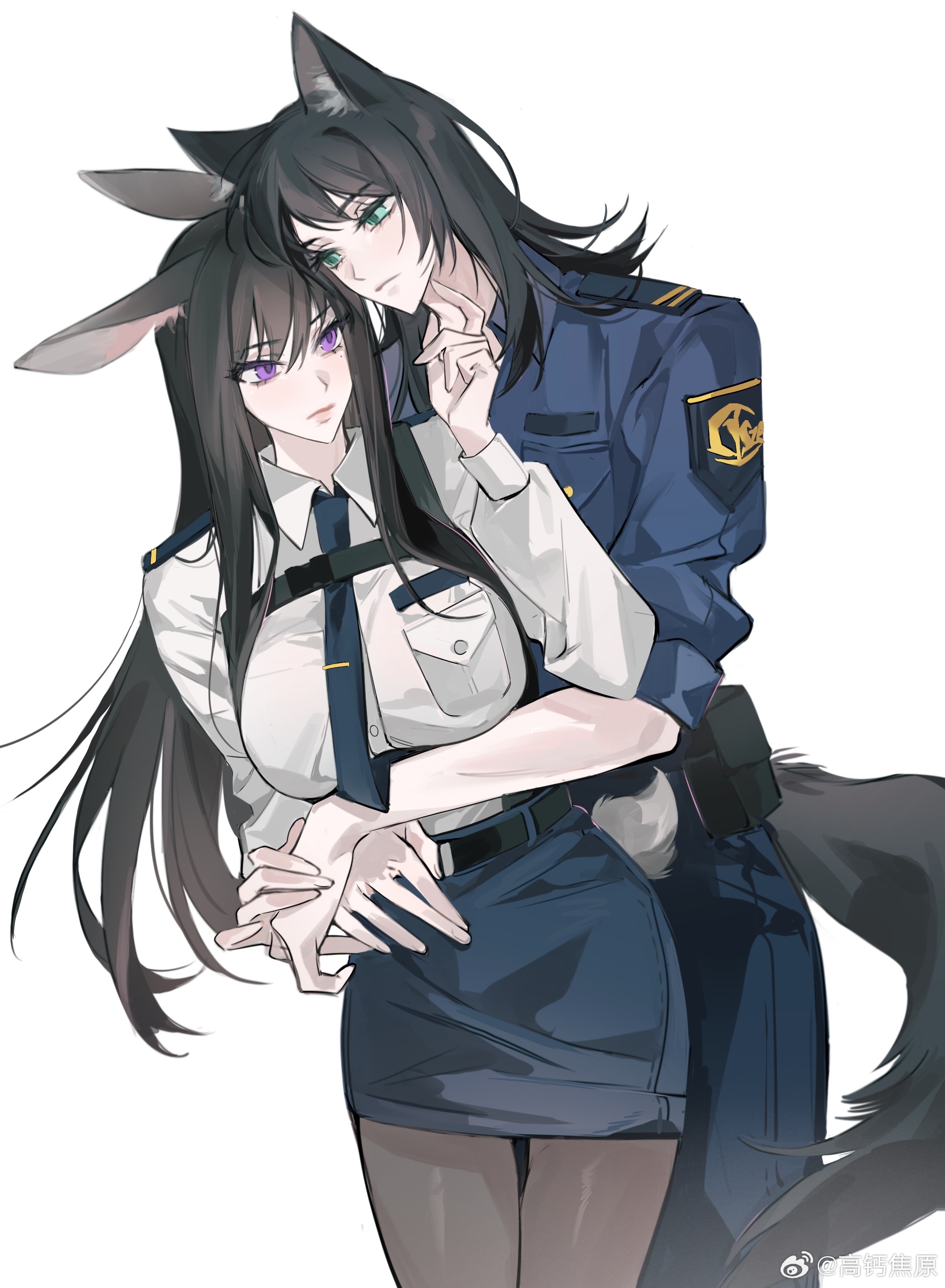 2girls absurdres animal_ears bang_dream! bang_dream!_it's_mygo!!!!! black_hair black_pantyhose blue_necktie blue_pants blue_shirt blue_skirt breasts chinese_commentary closed_mouth collared_shirt commentary_request cosplay crossdressing dress_shirt fox_ears fox_girl fox_tail green_eyes highres hug hug_from_behind judy_hopps judy_hopps_(cosplay) kemonomimi_mode long_hair long_sleeves looking_at_viewer m_omoo medium_breasts mole mole_under_eye multiple_girls necktie nick_wilde nick_wilde_(cosplay) pants pantyhose pencil_skirt police police_uniform policewoman purple_eyes rabbit_ears rabbit_girl rabbit_tail shiina_taki shirt simple_background skirt tail very_long_hair white_background white_shirt yahata_umiri zootopia