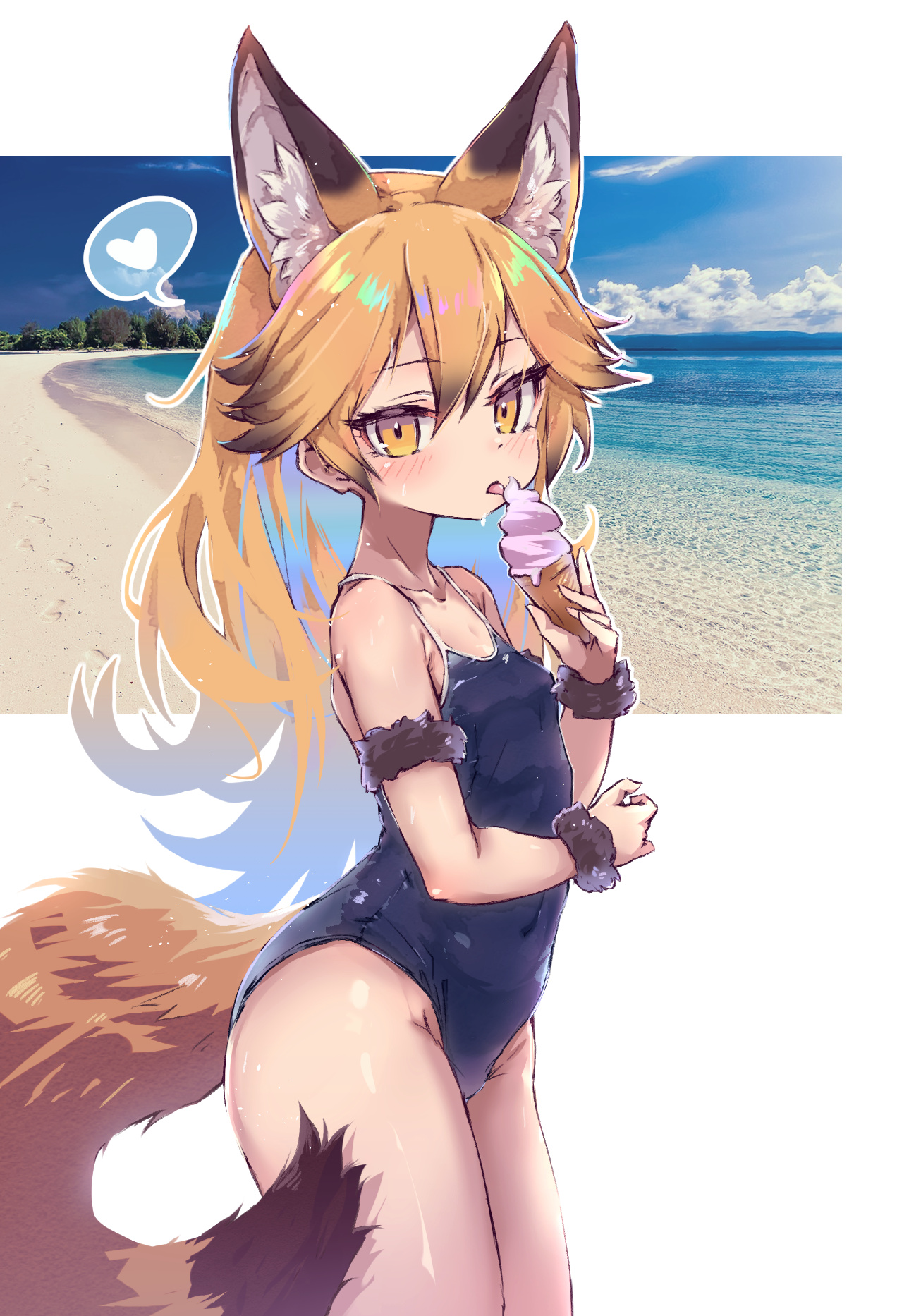 1girl alternate_costume animal_ear_fluff animal_ears bare_legs bare_shoulders beach black_hair blonde_hair blue_one-piece_swimsuit breasts collarbone commentary extra_ears ezo_red_fox_(kemono_friends) fox_ears fox_girl fox_tail gradient_hair hair_between_eyes heart highres ice_cream_cone kemono_friends kolshica licking light_blush long_hair looking_at_viewer multicolored_hair one-piece_swimsuit orange_hair petite small_breasts solo spoken_heart swimsuit symbol-only_commentary tail tongue tongue_out