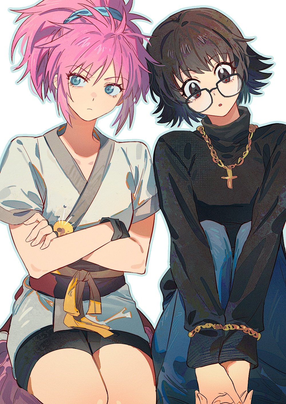 2girls black-framed_eyewear black_eyes black_hair black_sweater blue_eyes blue_outline commentary cross cross_necklace crossed_arms denim fingerless_gloves glasses gloves highres hunter_x_hunter japanese_clothes jewelry long_sleeves looking_at_viewer looking_to_the_side machi_komacine multiple_girls necklace outline pants pink_hair ponytail sash shizuku_murasaki short_hair short_sleeves sideways_glance simple_background sweater symbol-only_commentary turtleneck waist_sash white_background yumi_xsh