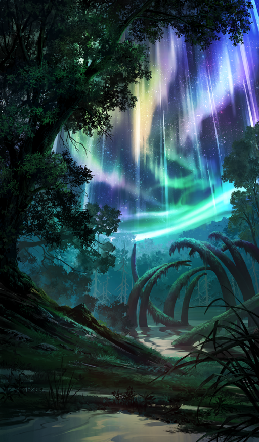aurora commentary fate/grand_order fate_(series) giant_skeleton green_theme lasengle moss nature night night_sky no_humans official_art outdoors scenery sky star_(sky) starry_sky still_life third-party_source tree water wetland