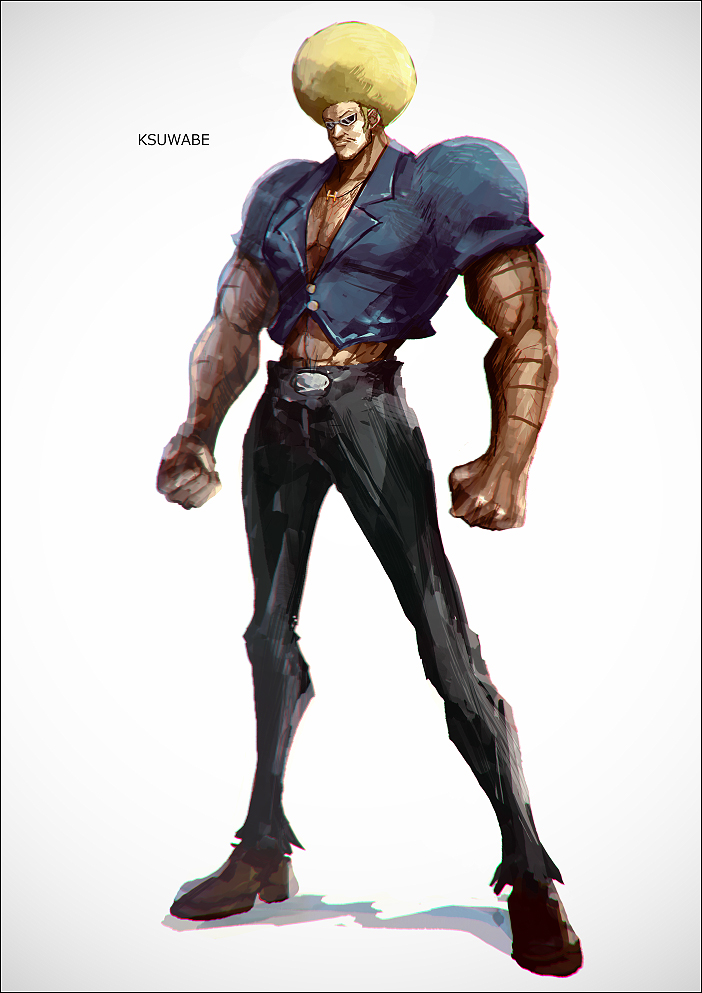 1boy afro artist_name black_pants blonde_hair blue_jacket bobobo-bo_bo-bobo bobobo-bo_bo-bobo_(character) brown_footwear clenched_hands gradient_background jacket k-suwabe male_focus muscular muscular_male pants solo standing sunglasses