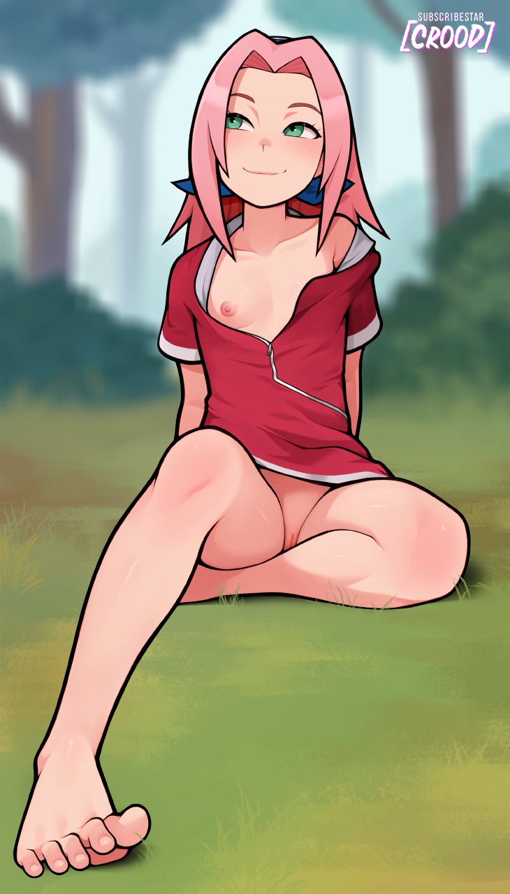 1girl aqua_eyes blush bottomless breasts dress feet female_focus haruno_sakura headband highres legs loli long_hair loodncrood looking_at_another naruto_(series) nipples outdoors pink_hair pussy sitting small_breasts smile solo thighs toes