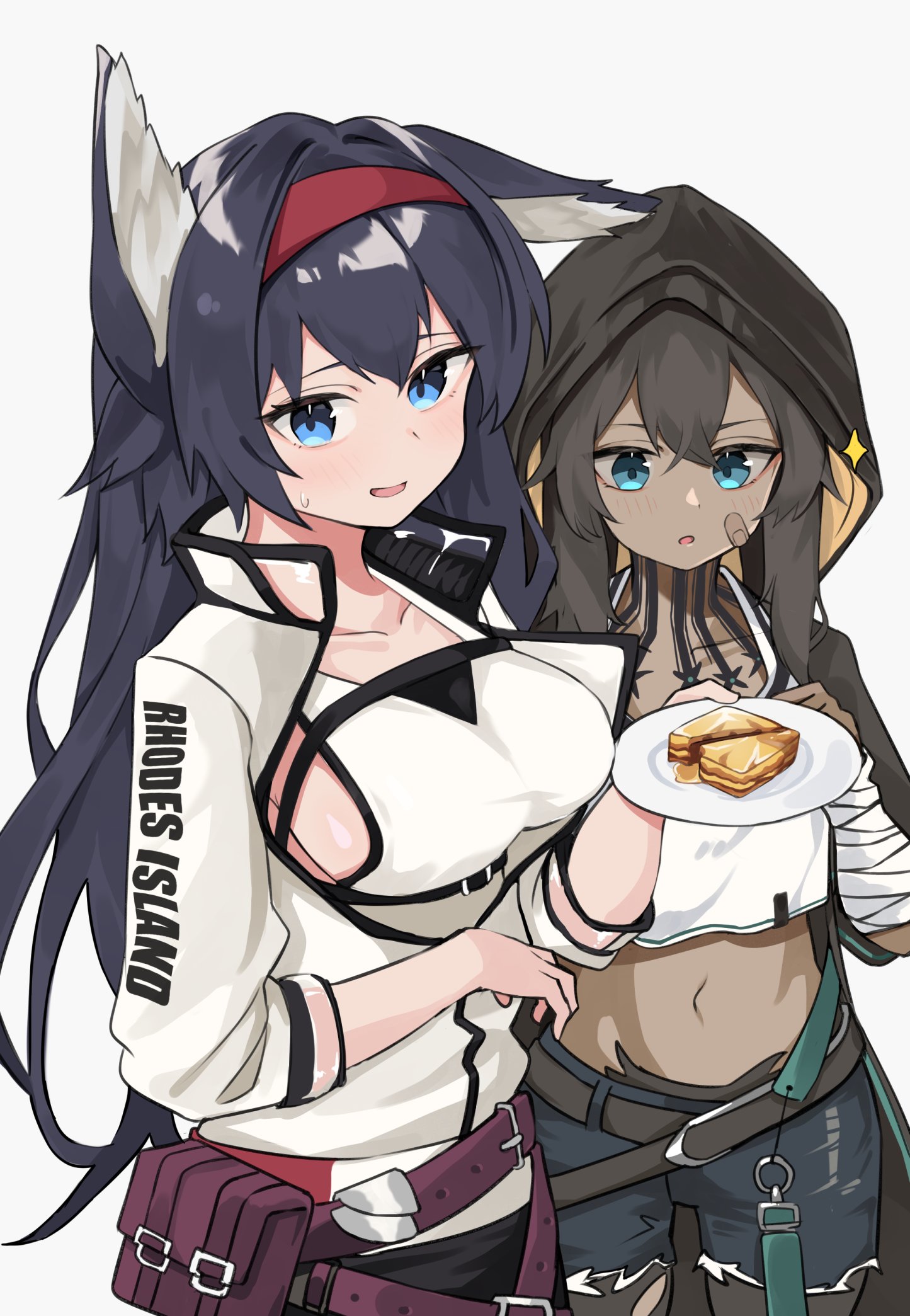 2girls animal_ears arknights baklava bandages bandaid bandaid_on_face belt black_belt black_hair blaze_(arknights) blue_eyes blue_shorts breasts cat_ears collarbone crop_top crop_top_overhang cutoffs dark-skinned_female dark_skin flint_(arknights) food grey_background hairband highres holding holding_plate jacket large_breasts long_hair long_sleeves looking_at_viewer midriff multiple_girls navel open_mouth plate pouch poyason red_hairband short_hair shorts sidelocks simple_background smile sparkle tank_top white_jacket white_tank_top wrist_wrap