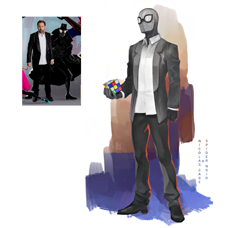 1boy black_gloves collared_shirt formal_clothes gloves holding jacket marvel mask mim nicolas_cage photo-referenced real_life rubik&#039;s_cube shirt shoes simple_background spider-man:_into_the_spider-verse spider-man_(series) spider-man_noir spider-verse standing suit suit_jacket superhero_costume voice_actor white_background