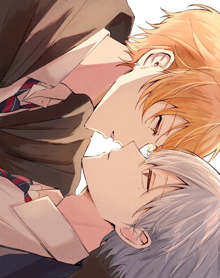 2boys adam&#039;s_apple aoyagi_touya black_jacket blue_hair chinese_commentary collared_shirt commentary_request eye_contact hood hood_down hooded_jacket imminent_kiss jacket looking_at_another male_focus multicolored_necktie multiple_boys necktie open_collar orange_hair parted_bangs project_sekai shinonome_akito shirt sideways som4yq third-party_source upper_body white_background white_shirt wing_collar yaoi