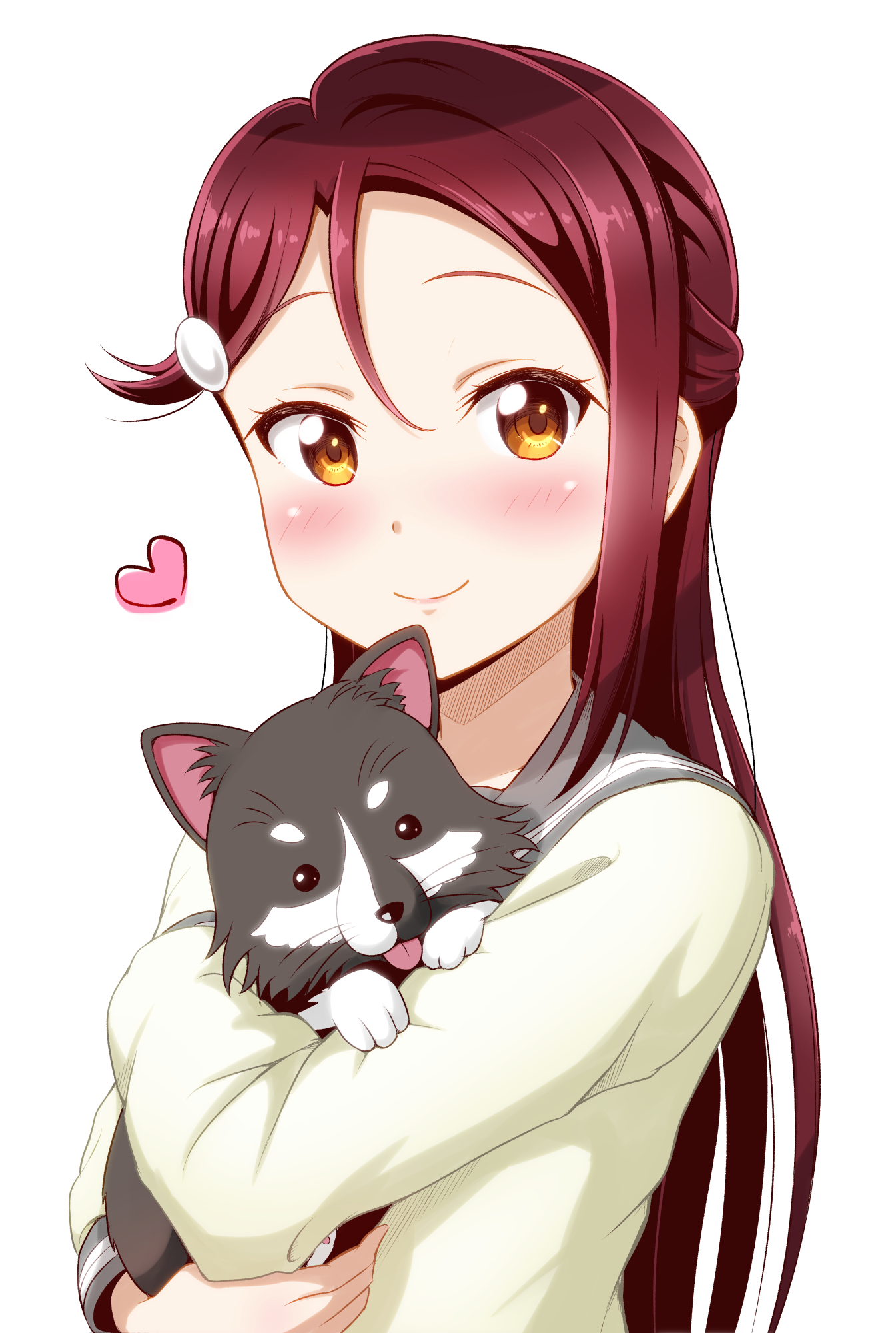 1girl animal anko_(love_live!) blush ckst dog female_focus hair_ornament hairclip half_updo heart highres holding holding_animal long_hair long_sleeves love_live! love_live!_sunshine!! red_hair sakurauchi_riko school_uniform serafuku simple_background smile solo upper_body white_background yellow_eyes