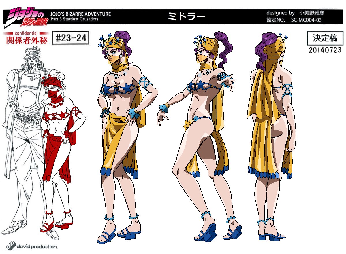 1boy 1girl arabian_clothes araki_hirohiko_(style) back breasts character_profile reference_sheet cleavage full_body grandguerrilla headscarf jojo_no_kimyou_na_bouken kuujou_joutarou lineart lips long_hair mask midler multiple_views ponytail purple_hair sandals see-through_clothes see-through_mask simple_background stardust_crusaders starfish_bikini toes white_background