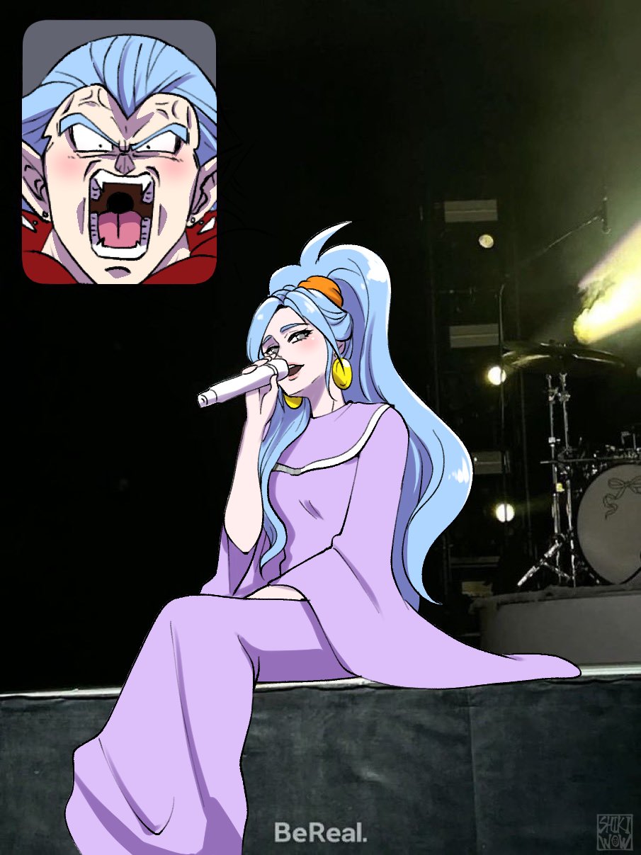 1boy 1girl anger_vein bereal blue_hair blush breasts brother_and_sister chrono_trigger cloak derivative_work dress earrings fan_screaming_at_madison_beer_(meme) gold_earrings green_eyes hair_tie highres holding holding_microphone jewelry long_dress long_hair long_sleeves magus_(chrono_trigger) medium_breasts meme microphone music open_mouth parted_bangs pointy_ears purple_dress red_cloak schala_zeal shikiwo siblings singing sitting wide_ponytail wide_sleeves widow&#039;s_peak