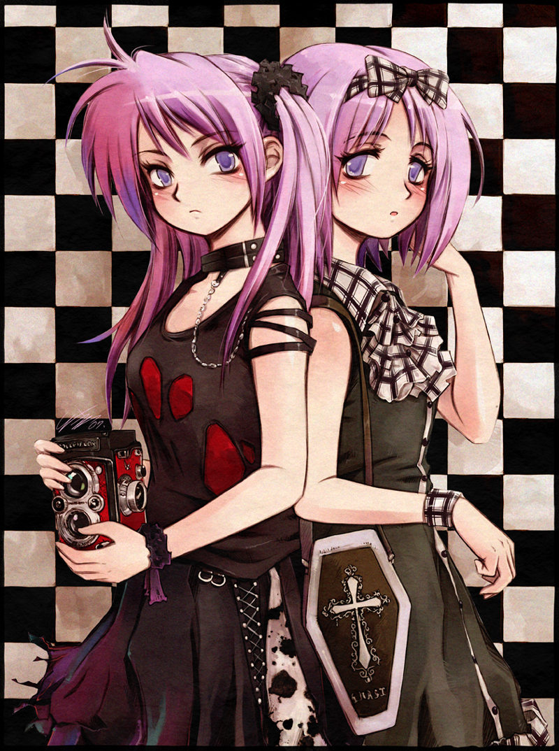 2girls alternate_costume back-to-back bag bare_shoulders black_choker black_dress black_shirt black_skirt blush bow camera chain checkered_background choker coffin collarbone commentary_request cross dress eyelashes flat_chest frown hair_between_eyes hair_bow handbag hiiragi_kagami hiiragi_tsukasa long_hair looking_at_viewer lucky_star messiah_cage multiple_girls nose parted_bangs parted_lips photoshop_(medium) purple_eyes purple_hair shirt short_hair siblings sisters skirt sleeveless sleeveless_dress standing tareme torn_clothes tsurime twin-lens_reflex_camera twins twintails