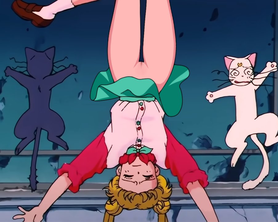 1990s_(style) arms_up artemis_(sailor_moon) bag bishoujo_senshi_sailor_moon blonde_hair blush cat closed_eyes closed_mouth derivative_work green_skirt loafers loodncrood luna_(sailor_moon) miniskirt no_panties nude_filter pussy retro_artstyle ribbon screenshot_redraw shoes skirt third-party_edit tsukino_usagi twintails upside-down